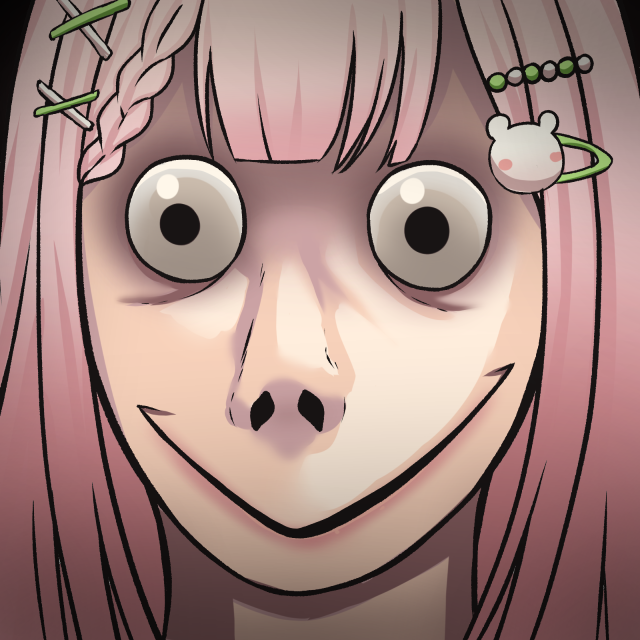 1girl braid center-flap_bangs commentary creepy creepy_eyes creepypasta english_commentary hair_ornament hairclip looking_at_viewer momo_(creepypasta) momoko_nuihara name_connection nexas_(vtuber) parted_lips pink_hair puffywaffles solo vignetting virtual_youtuber wide-eyed x_hair_ornament