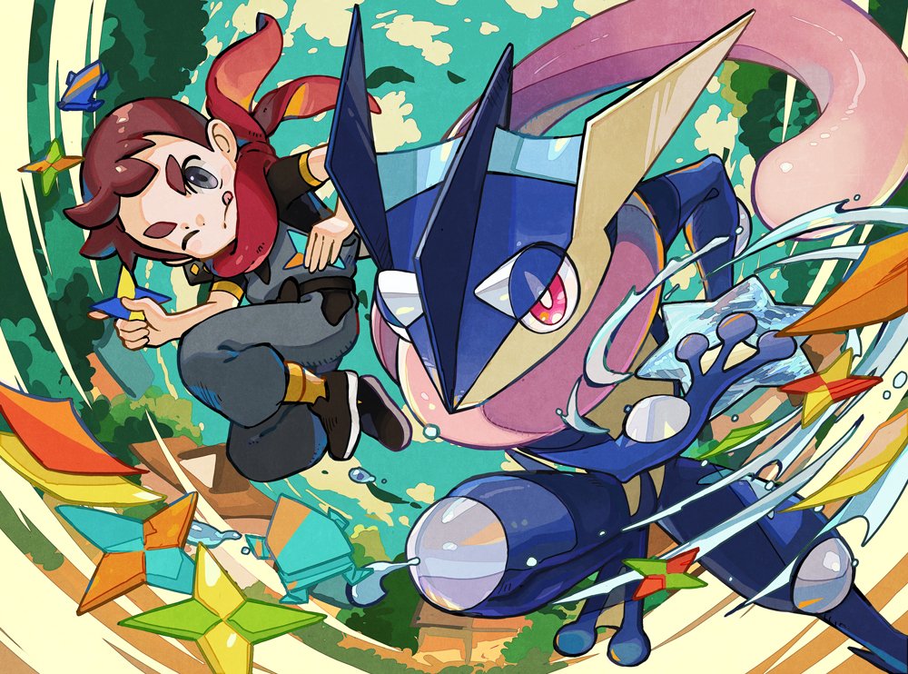 1boy ;q black_footwear brown_hair closed_mouth cloud commentary_request day falling_leaves floating_scarf from_below gen_6_pokemon greninja grey_eyes grey_pants leaf male_focus ninja_boy_(pokemon) nintendo one_eye_closed outdoors pants pokemon pokemon_(creature) pokemon_oras red_scarf scarf shoes short_hair short_sleeves shuriken sky socks tami_yagi tongue tongue_out weapon yellow_legwear