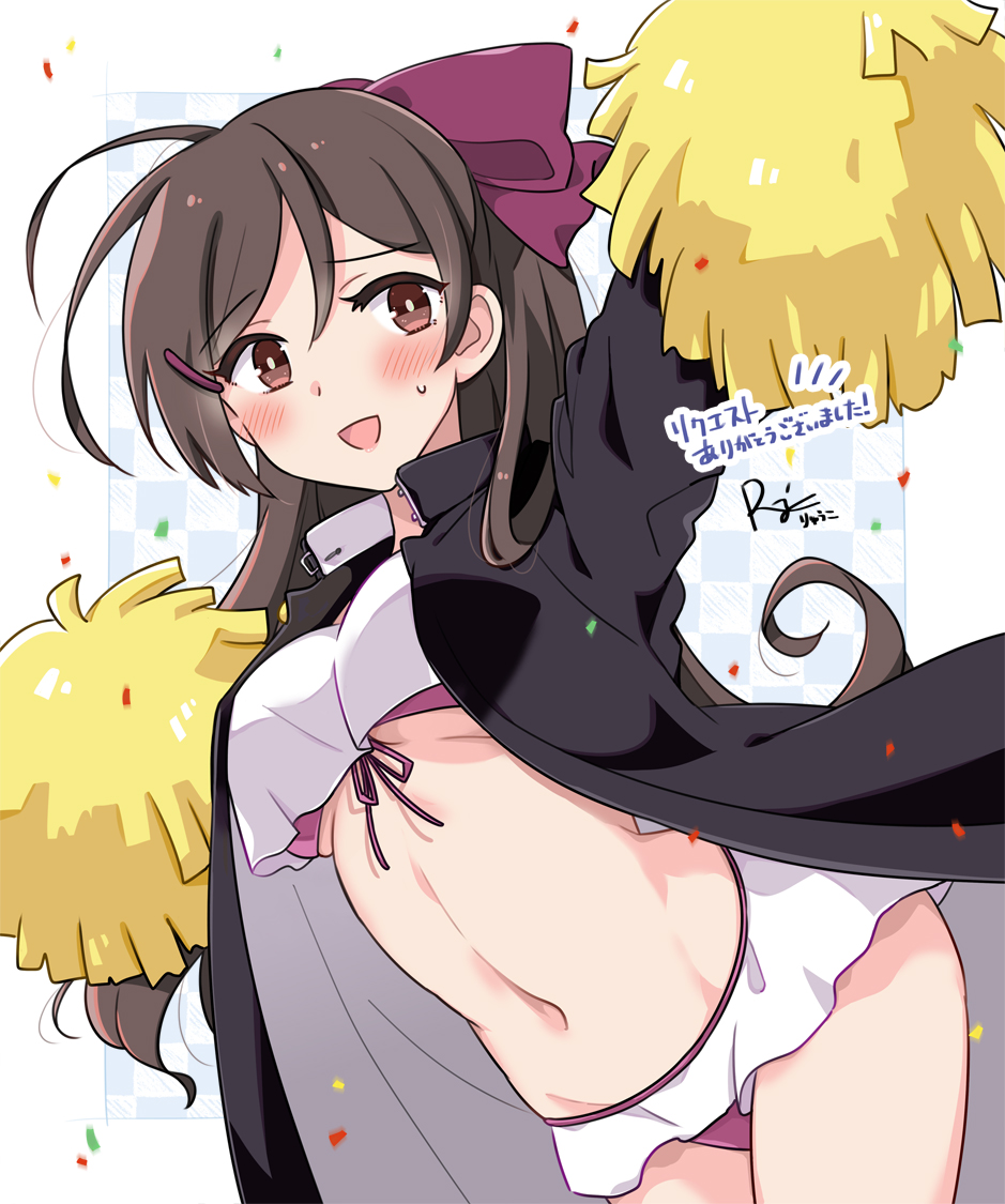 1girl antenna_hair bikini black_coat breasts brown_eyes brown_hair cheerleader coat commission frilled_bikini frills front-tie_bikini_top front-tie_top hair_ribbon holding holding_pom_poms kantai_collection large_breasts mamiya_(kancolle) open_clothes open_coat pom_pom_(cheerleading) pom_poms r-king ribbon signature solo swimsuit white_bikini