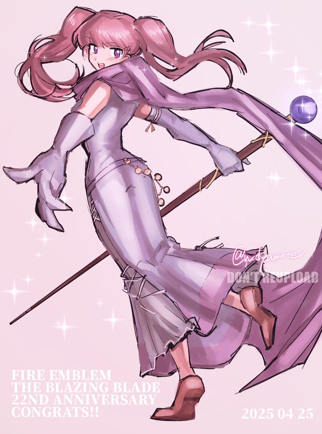 1girl bare_shoulders belt brown_shoes dated dress elbow_gloves fire_emblem fire_emblem:_the_binding_blade full_body gloves highres holding holding_staff long_hair looking_at_viewer nintendo no_socks open_mouth pink_hair purple_dress purple_eyes purple_scarf scarf serra_(fire_emblem) shoes signature smile solo sparkling_eyes staff standing standing_on_one_leg teeth tiptoes twintails upper_teeth_only watermark wdyamnte white_gloves