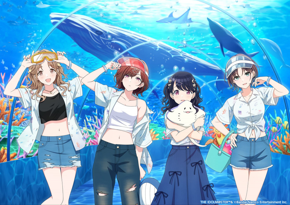 4girls aquarium_tunnel asakura_toru blue_eyes bracelet denim earrings fukumaru_koito higuchi_madoka ichikawa_hinana idolmaster idolmaster_shiny_colors jeans jewelry multiple_girls necklace noctchill_(idolmaster) official_art open_mouth pants red_eyes red_hair torn_clothes torn_jeans torn_pants