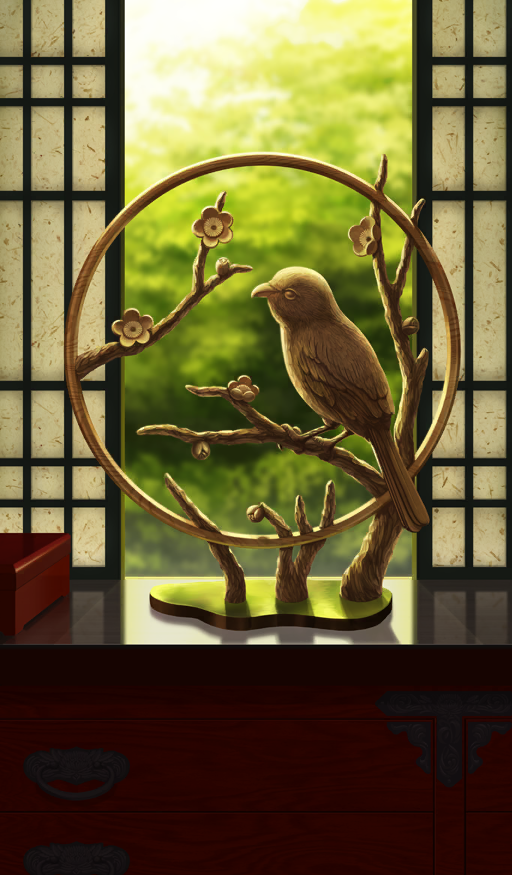 akitaken_(non_faciem) blurry blurry_background branch commentary day fate/grand_order fate_(series) indoors no_humans object_focus official_art sculpture shrike_(animal) still_life sunlight third-party_source tree