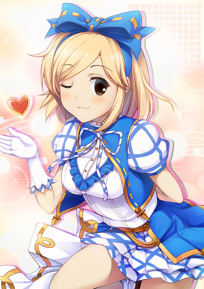 1girl ;) arm_behind_back blonde_hair blue_bow blush bow brown_eyes djeeta_(granblue_fantasy) dress_shirt female_focus gloves granblue_fantasy hair_bow heart kimi_to_boku_no_mirai layered_skirt looking_at_viewer miniskirt neck_ribbon one_eye_closed pleated_skirt ribbon ribbon_trim shirt skirt smile solo sorano_(12gou) striped_ribbon white_gloves white_shirt white_skirt
