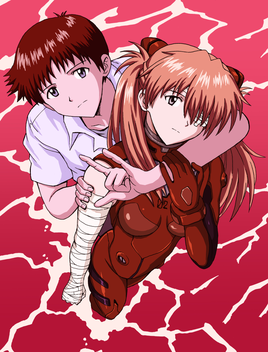 1boy 1girl amai_yadoraki arm_around_neck bandaged_arm bandages breasts brown_hair dress_shirt eyepatch formal_clothes grey_eyes grey_shirt hair_ornament highres holding_another&#039;s_arm hug ikari_shinji long_hair looking_at_viewer looking_up mecha_pilot_suit medical_eyepatch medium_breasts neon_genesis_evangelion ocean one_eye_covered orange_hair plugsuit_(evangelion) purple_eyes red_suit red_water shirt souryuu_asuka_langley suit waves white_shirt