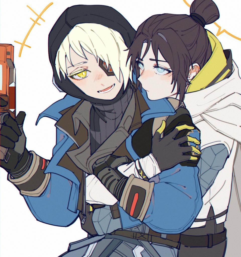 2girls animification apex_legends b3_wingman belt black_belt black_bodysuit black_gloves black_hair black_sweater blonde_hair blue_jacket blue_pants blush bodysuit bright_pupils commentary deep_current_wattson english_commentary eyepatch gloves gun hair_behind_ear hair_bun hair_over_shoulder handgun hikawa_(hako1059472) holding holding_another&#039;s_arm holding_gun holding_weapon hood hood_down hooded_jacket hug hug_from_behind jacket looking_ahead looking_at_viewer multiple_girls official_alternate_costume one_eye_covered pants revolver ribbed_sweater scarf single_hair_bun sleeveless sleeveless_jacket smile sweater upper_body void_prowler_wraith wattson_(apex_legends) weapon white_background white_pupils white_scarf wraith_(apex_legends) yuri