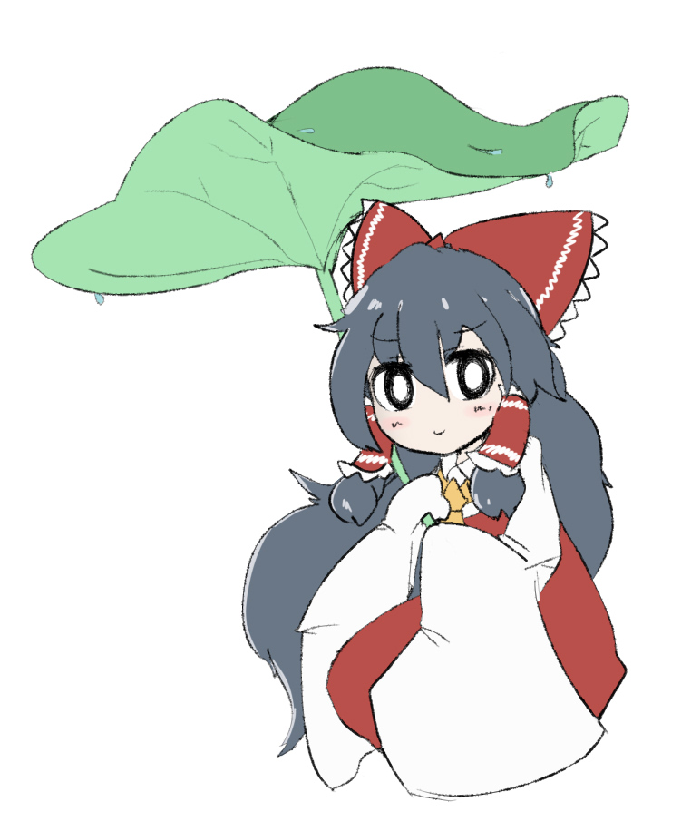 1girl anoponp black_eyes blush bow bright_pupils closed_mouth commentary_request cookie_(touhou) dress frilled_bow frilled_hair_tubes frills full_body grey_hair hair_bow hair_tubes hakurei_reimu hotaruda_(cookie) leaf_umbrella long_hair looking_at_viewer red_bow red_dress sidelocks simple_background sleeves_past_fingers sleeves_past_wrists smile solo touhou very_long_hair white_background white_pupils