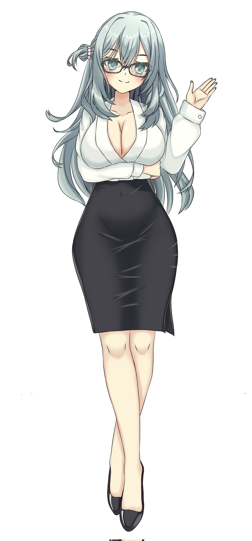 1girl alternate_costume aqua_eyes aqua_hair arm_under_breasts beads black-framed_eyewear black_skirt blush breasts cleavage closed_mouth collarbone colored_eyelashes commentary corrupted_twitter_file crossed_bangs cutie_revolt english_commentary full_body glasses hair_beads hair_between_eyes hair_bun hair_ornament hand_up high-waist_skirt high_heels highres large_breasts long_hair long_sleeves looking_at_viewer office_lady open_hand pencil_skirt riddle_joker shikibe_mayu simple_background single_side_bun skirt smile solo split_mouth standing waving white_background