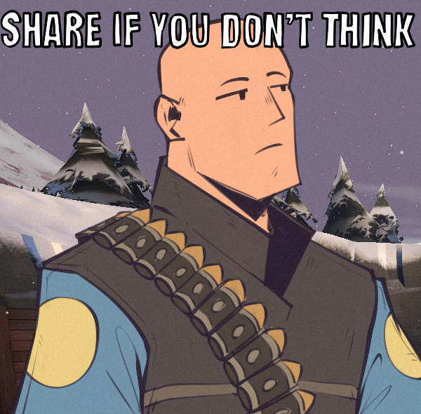 1boy ammunition_belt bald black_vest blu_heavy_(tf2) blue_shirt blue_sky closed_mouth commentary english_commentary english_text fujimna heavy_(tf2) image_macro_(meme) impact_(font) light_frown looking_to_the_side male_focus meme popped_collar shirt sky snow snowing solo team_fortress_2 tree upper_body vest