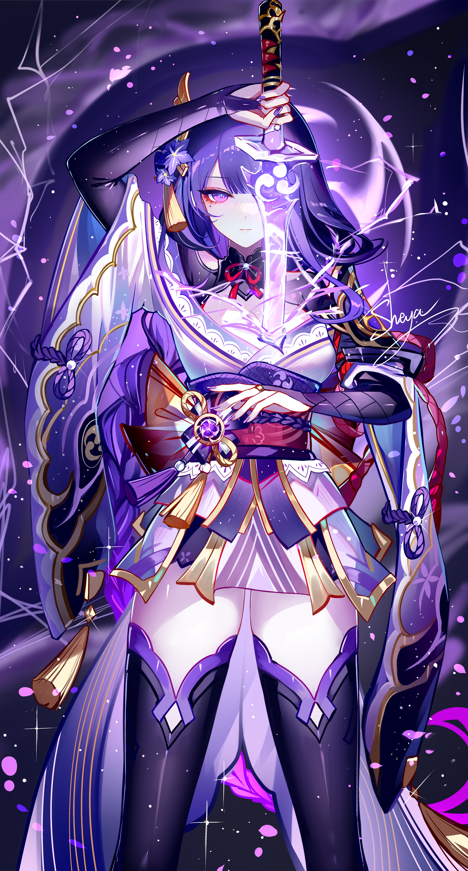 1girl absurdres arm_up artist_name black_thighhighs cowboy_shot genshin_impact highres holding holding_sword holding_weapon japanese_clothes katana kimono long_hair looking_at_viewer mole mole_under_eye musou_isshin_(genshin_impact) nail_polish obi purple_eyes purple_hair purple_kimono purple_nails raiden_shogun red_sash sash sheya signature solo standing sword thighhighs thighs weapon
