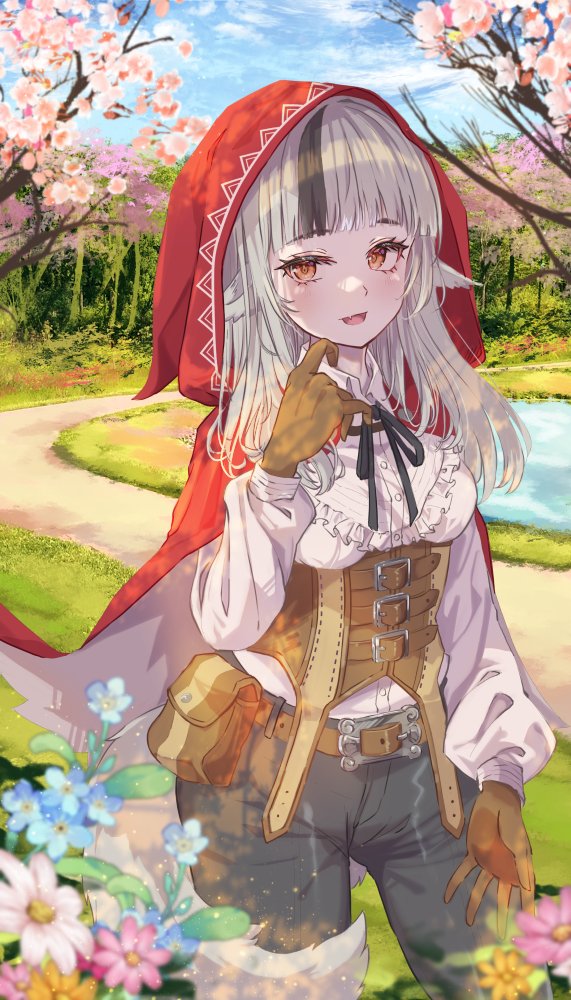 1girl animal_ears black_hair breasts brown_gloves cape corset fire_emblem fire_emblem_fates fuussu_(21-kazin) gloves grey_hair hood hood_up long_hair long_sleeves multicolored_hair nintendo red_eyes solo streaked_hair two-tone_hair velouria_(fire_emblem) wolf_ears wolf_girl