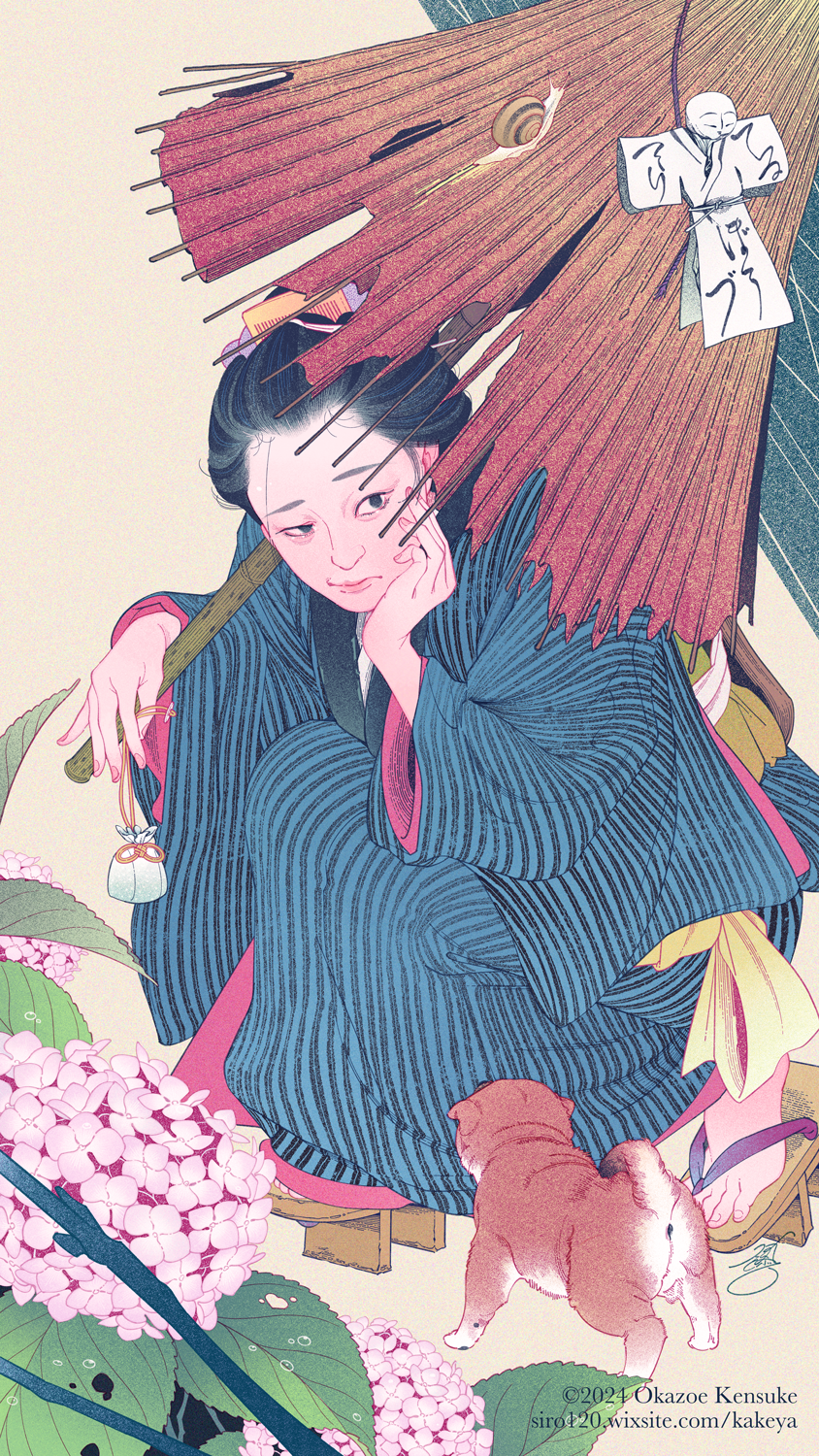 1girl dog edo_jidai flower geta hand_on_own_face highres hydrangea japan japanese_clothes kimono oil-paper_umbrella original puppy rain shiroiinu snail teruterubouzu torn_umbrella umbrella updo