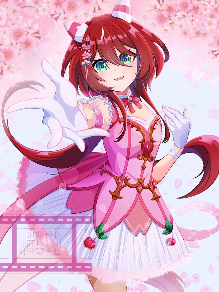 alternate_costume animal_ears blush breasts commentary_request flower gloves hair_between_eyes hair_flower hair_ornament horse_ears horse_girl horse_tail low_twintails magical_girl meineko_lui pantyhose petals reaching reaching_towards_viewer red_hair ribbon sleeveless small_breasts tail twintails umamusume win_variation_(umamusume)