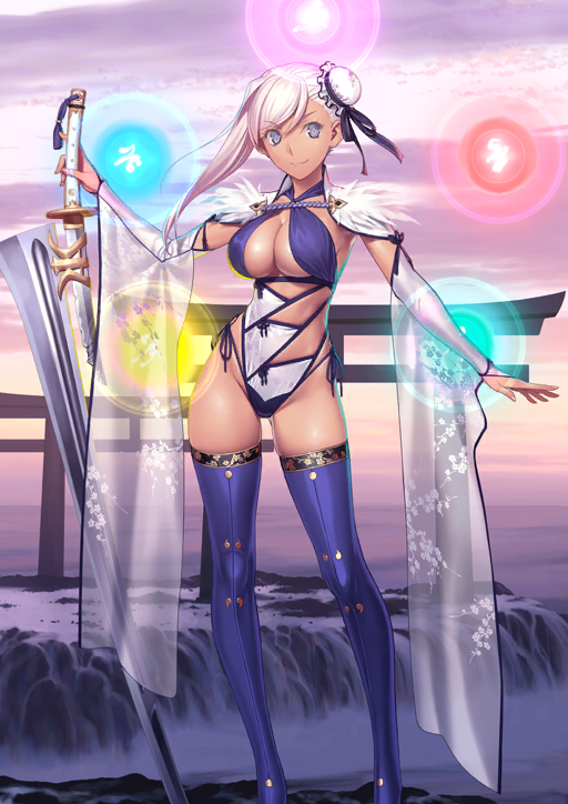 1girl black_ribbon blue_eyes blue_thighhighs breasts bun_cover cleavage cleavage_cutout closed_mouth clothing_cutout cloud contrapposto criss-cross_halter dark-skinned_female dark_skin detached_sleeves fate/grand_order fate_(series) feet_out_of_frame fur_trim game_cg gluteal_fold groin hair_bun halterneck hand_up highleg highleg_one-piece_swimsuit holding holding_sword holding_weapon huge_weapon koyama_hirokazu large_breasts long_sleeves looking_to_the_side miyamoto_musashi_(fate) miyamoto_musashi_(fate/grand_order) miyamoto_musashi_(swimsuit_berserker)_(fate) miyamoto_musashi_(swimsuit_berserker)_(third_ascension)_(fate) official_art one-piece_swimsuit orb pink_hair purple_background purple_one-piece_swimsuit ribbon short_hair_with_long_locks side-tie_one-piece_swimsuit single_side_bun single_sidelock smile solo standing swept_bangs swimsuit sword tan thighhighs third-party_source toes torii two-tone_one-piece_swimsuit v-shaped_eyebrows variant_set weapon white_one-piece_swimsuit wide_sleeves