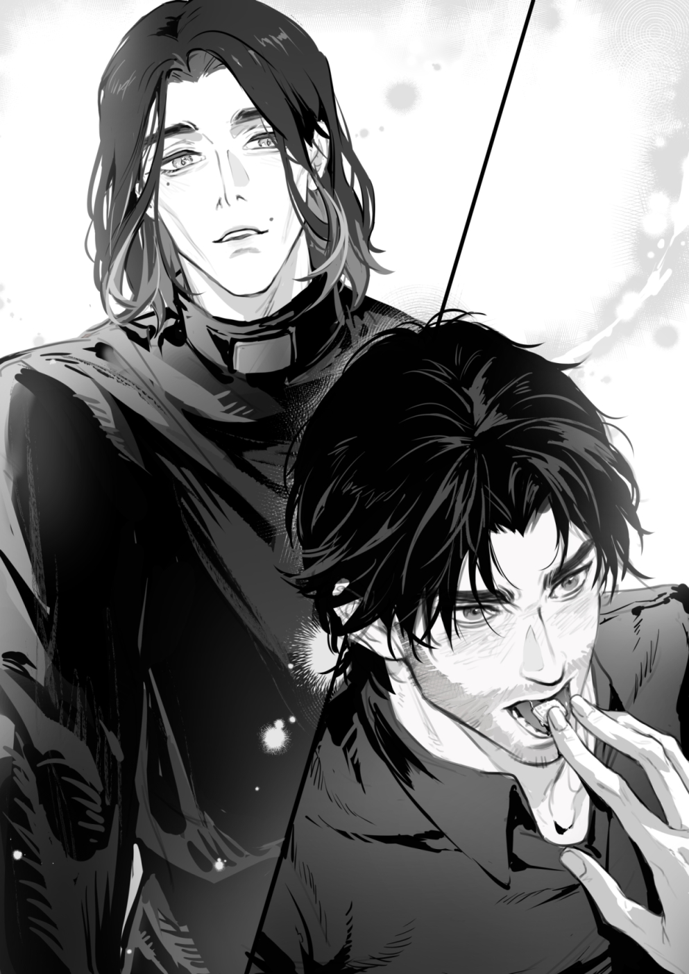 2boys alternate_universe arcane:_league_of_legends arcane_jayce chinese_commentary collared_shirt commentary_request curtained_hair facial_hair finger_in_another&#039;s_mouth greyscale hair_behind_ear highres jayce_(league_of_legends) league_of_legends long_sleeves looking_at_another lower_teeth_only luckytea_777 male_focus medium_hair mole monochrome multiple_boys open_collar parted_hair parted_lips shirt teeth thick_eyebrows viktor_(arcane) viktor_(league_of_legends) widow&#039;s_peak wing_collar yaoi