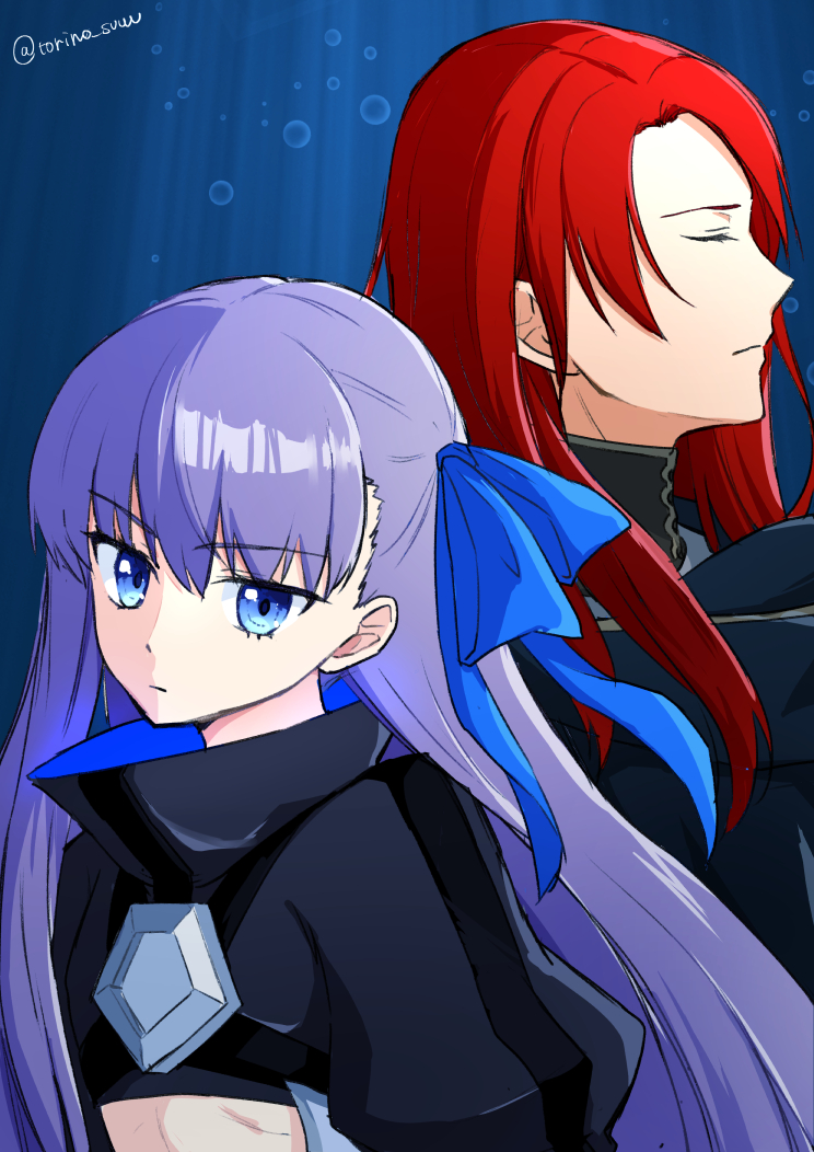 1boy 1girl back-to-back blue_eyes commentary_request cropped_jacket fate/grand_order fate_(series) flat_chest frown hair_ribbon long_hair meltryllis_(fate) purple_hair red_hair ribbon torinonest tristan_(fate) twitter_username