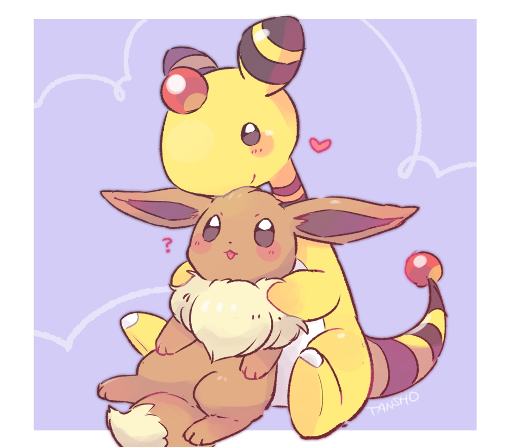 ampharos blush brown_eyes eevee forehead_jewel gen_1_pokemon gen_2_pokemon looking_up nintendo open_mouth pokemon pokemon_(creature) signature sitting smile tansho