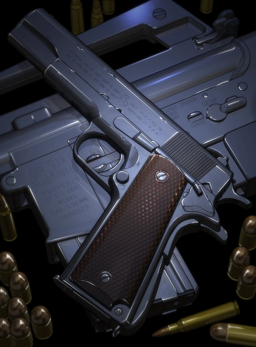 .45_acp ammunition ammunition_focus ar-15 assault_rifle bullet english_text gun handgun handgun_cartridge hase_yu highres m16 m16a1 m1911 military_cartridge no_humans original pistol pistol_cartridge rearing rifle rifle_cartridge still_life weapon weapon_focus