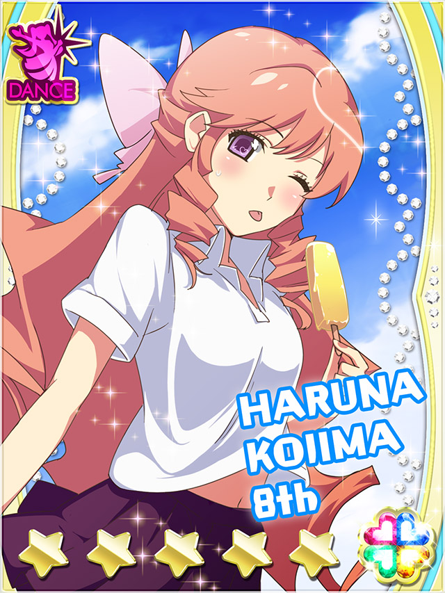 1girl ;p akb0048 black_skirt bow card_(medium) character_name collared_shirt cowboy_shot drill_hair drill_sidelocks dutch_angle food hair_bow heart holding holding_food holding_ice_cream ice_cream ice_cream_bar kojima_haruna_(akb0048) long_hair miniskirt navel non-web_source official_art one_eye_closed outdoors pink_bow pink_hair pleated_skirt purple_eyes school_uniform shirt short_sleeves sidelocks skirt solo sparkle standing star_(symbol) summer sweat tongue tongue_out very_long_hair white_shirt