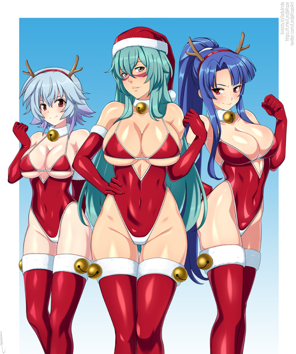3girls aqua_hair arm_behind_back bare_shoulders bell bikini bleach blue_background blue_hair breasts cleavage closed_mouth collarbone commentary covered_navel crossover elbow_gloves english_commentary fake_antlers feet_out_of_frame female_focus fur-trimmed_headwear fur-trimmed_thighhighs fur_collar fur_trim gloves gradient_background gradient_hair groin hair_between_eyes hairband hand_on_own_hip hand_up hat high_ponytail highleg highres infinite_stratos jingle_bell large_breasts lindaroze long_hair looking_at_viewer multicolored_hair multiple_crossover multiple_girls neck_bell nelliel_tu_odelschwanck paid_reward_available parted_bangs parted_lips ponytail red_bikini red_eyes red_gloves red_hairband red_headwear red_thighhighs santa_hat sarashiki_tatenashi skindentation smile swimsuit taimanin_(series) thigh_gap thighhighs twitter_username underboob very_long_hair watermark web_address white_background yatsu_murasaki