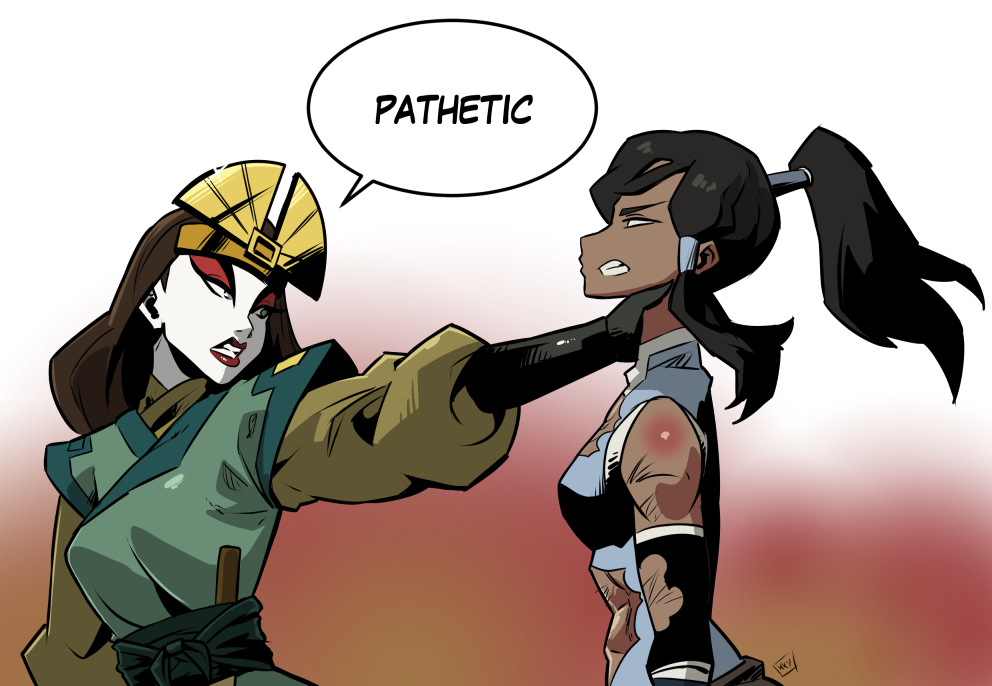 2girls avatar:_the_last_airbender avatar_legends battle_damage black_hair breasts brown_eyes bruise chinese_clothes clenched_teeth commentary_request dark-skinned_female dark_skin defeat english_text injury korra kukuruyo kyoshi_(avatar) makeup medium_breasts multiple_girls neck_lift puffy_sleeves red_lips teeth the_legend_of_korra time_paradox torn_clothes