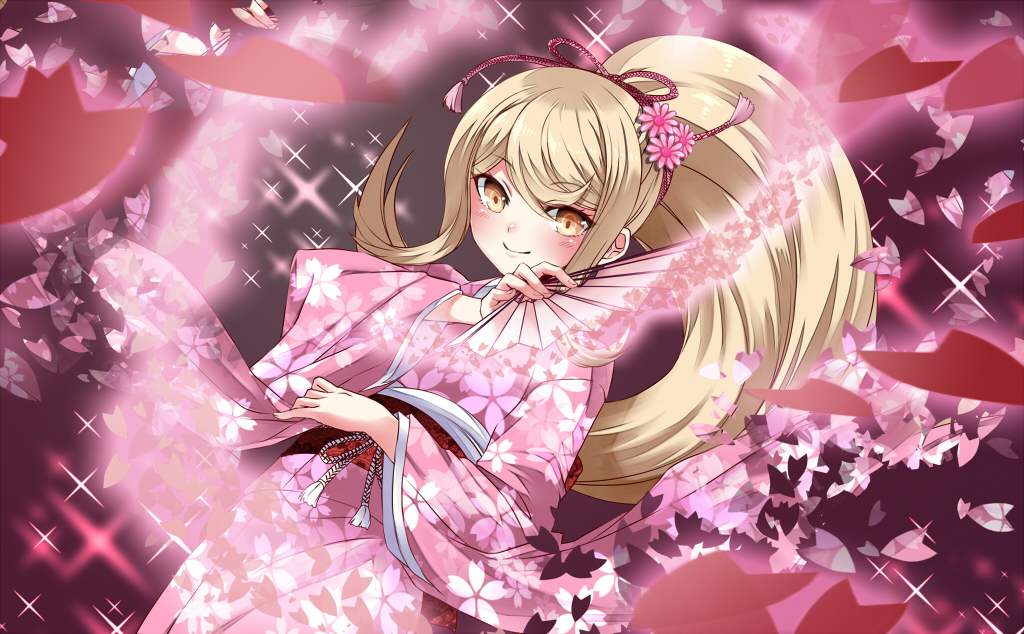 1girl black_background blonde_hair blush closed_mouth commentary_request danganronpa_(series) danganronpa_2:_goodbye_despair eyelashes flower hair_flower hair_ornament hand_fan holding holding_fan japanese_clothes kaikai kimono long_hair official_alternate_costume official_alternate_hairstyle pink_flower pink_kimono pink_petals ponytail saionji_hiyoko smile solo sparkle variant_set yellow_eyes