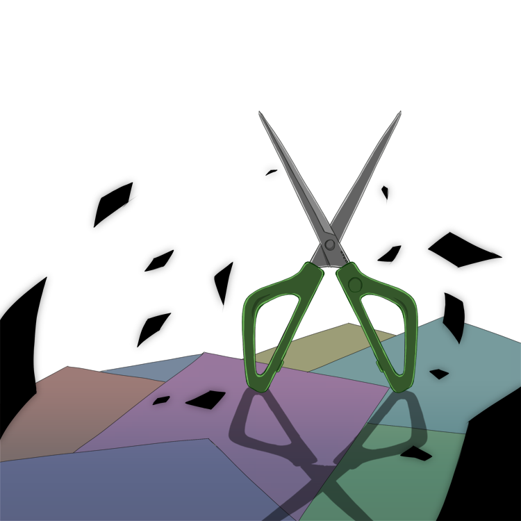 commentary_request mario_(series) nintendo no_humans object_focus paper paper_mario paper_mario:_the_origami_king scissors scissors_(paper_mario) shadow shards simple_background solo white_background yurui_houki