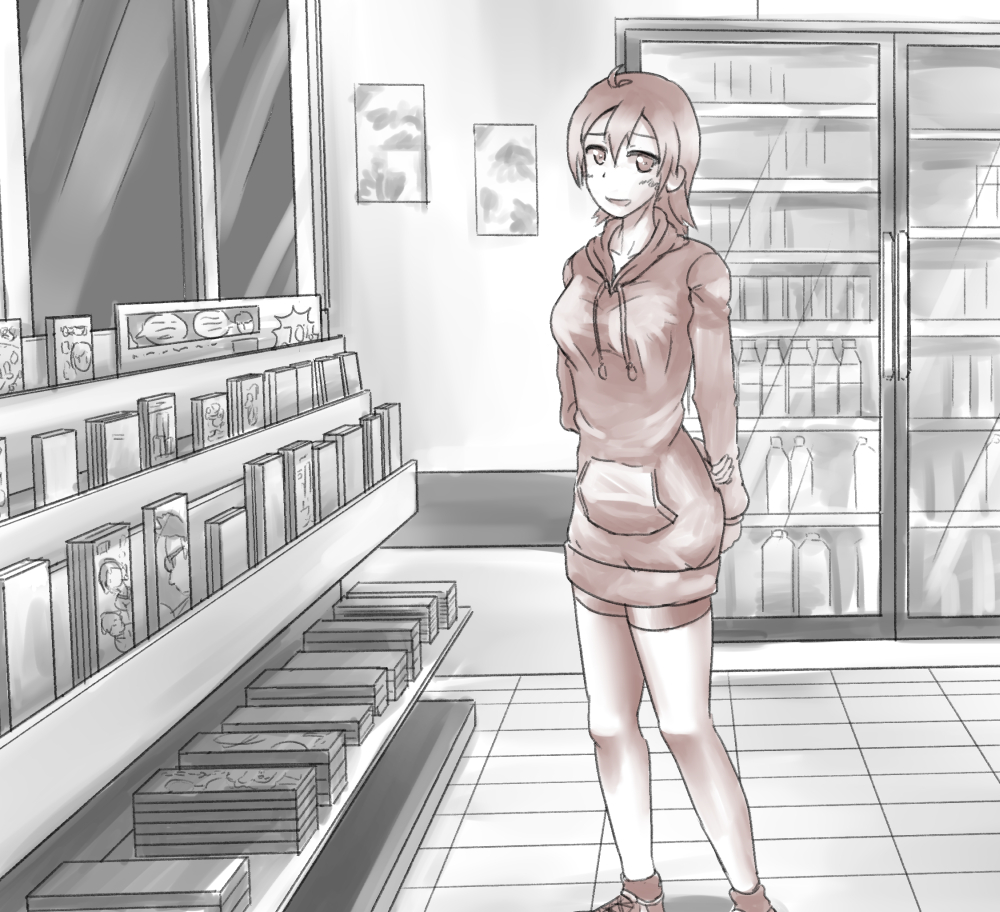 1girl ahoge arm_behind_back bike_shorts blush book bottle breasts collarbone female_focus halcyon_(halcyon90) hood hoodie indoors long_sleeves looking_at_viewer medium_breasts monochrome open_mouth original refrigerator shoes short_hair smile socks solo spot_color standing sweater window