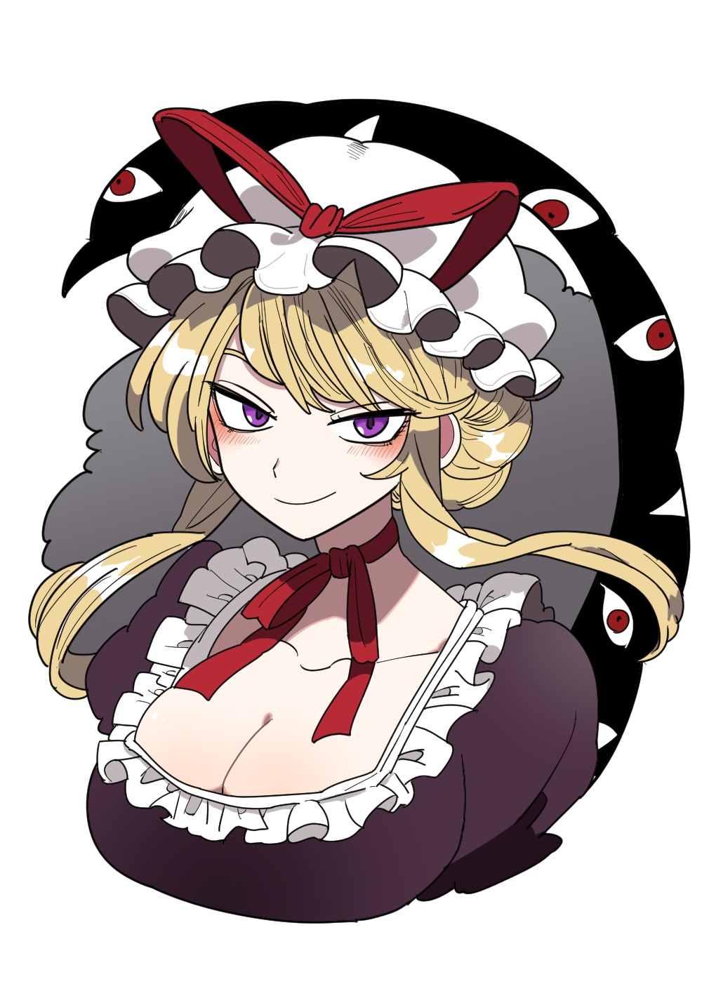 1girl blonde_hair blush bollzzalguy breasts choker cleavage collarbone cropped_torso dress gap_(touhou) hashtag-only_commentary hat hat_ribbon highres large_breasts long_hair looking_at_viewer mob_cap purple_dress purple_eyes red_ribbon ribbon ribbon_choker simple_background smile solo touhou upper_body white_background white_hat yakumo_yukari