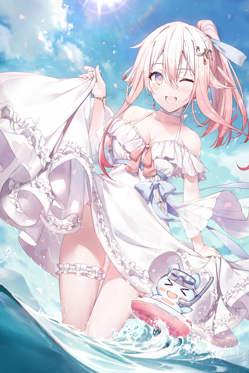 1girl ;d blue_sky breasts brown_eyes choker cleavage cloud commentary_request day diving_mask diving_mask_on_head dress first_stage_production frilled_dress frills gabiran goggles goggles_on_head hair_between_eyes highres innertube looking_at_viewer medium_breasts off-shoulder_dress off_shoulder one_eye_closed open_mouth outdoors pink_hair ponytail ryugahama_yue skirt_hold sky smile snorkel solo standing sun swim_ring virtual_youtuber water white_choker white_dress