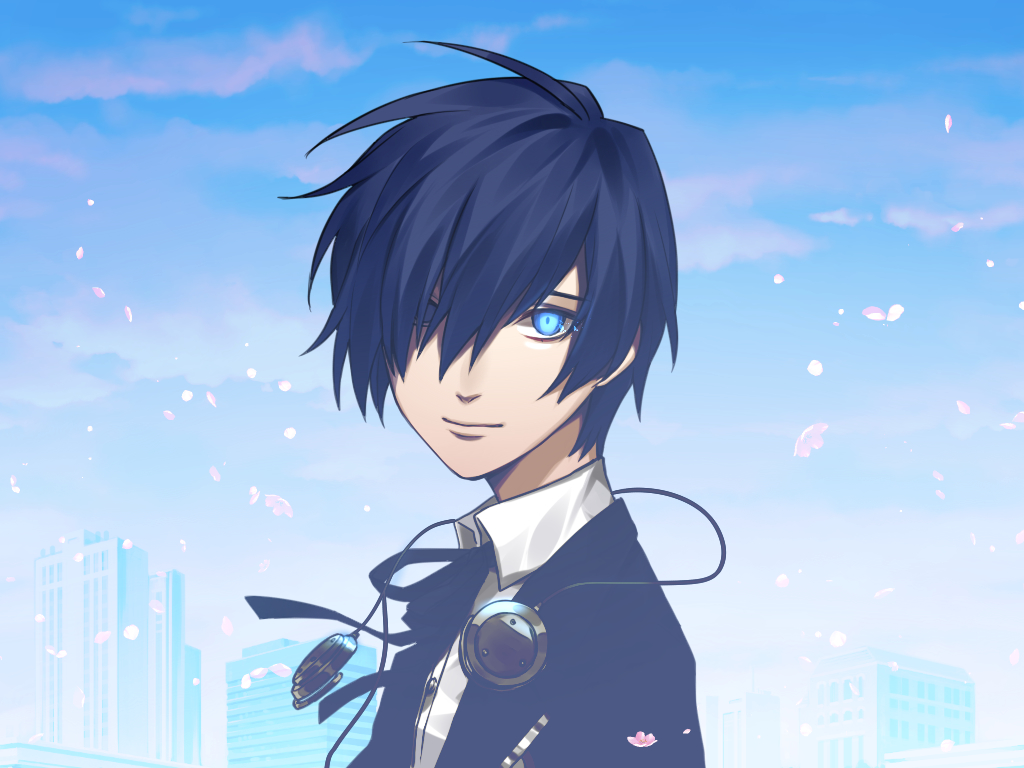 1boy black_hair blue_eyes blue_hair blue_sky blue_theme building closed_mouth cloud cloudy_sky dark_blue_moon day gekkoukan_high_school_uniform glowing glowing_eye headphones headphones_around_neck looking_at_viewer male_focus outdoors persona persona_3 petals school_uniform sky smile solo ultracat upper_body yuuki_makoto_(persona_3)