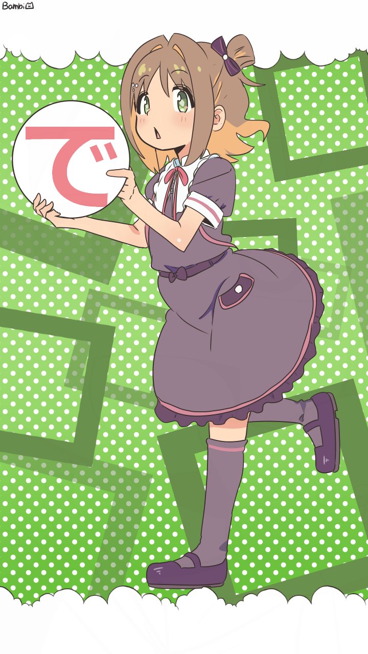 1girl artist_name bambi2000line bare_arms black_dress black_shoes black_socks brown_hair chestnut_mouth colored_inner_hair commentary diamond-shaped_pupils diamond_(shape) dress frilled_dress frilled_shirt_collar frills full_body green_background green_eyes hair_intakes highres kneehighs loafers looking_at_viewer multicolored_hair official_alternate_costume oka_asahi onii-chan_wa_oshimai! open_mouth orange_hair polka_dot polka_dot_background puffy_short_sleeves puffy_sleeves shoes short_hair short_sleeves simple_background socks solo symbol-shaped_pupils translation_request two-tone_hair