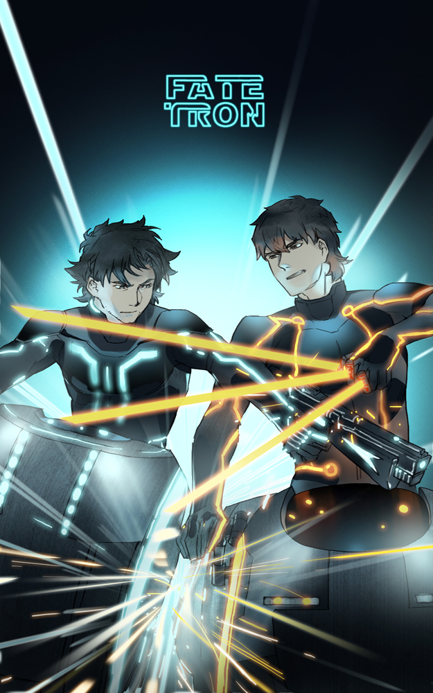 111111111_(leiyao) 2boys black_hair black_keys_(type-moon) bodysuit brown_hair emiya_kiritsugu fate/zero fate_(series) glowing glowing_sword glowing_weapon kotomine_kirei male_focus motor_vehicle motorcycle multiple_boys neon_trim parody tron vehicle weapon