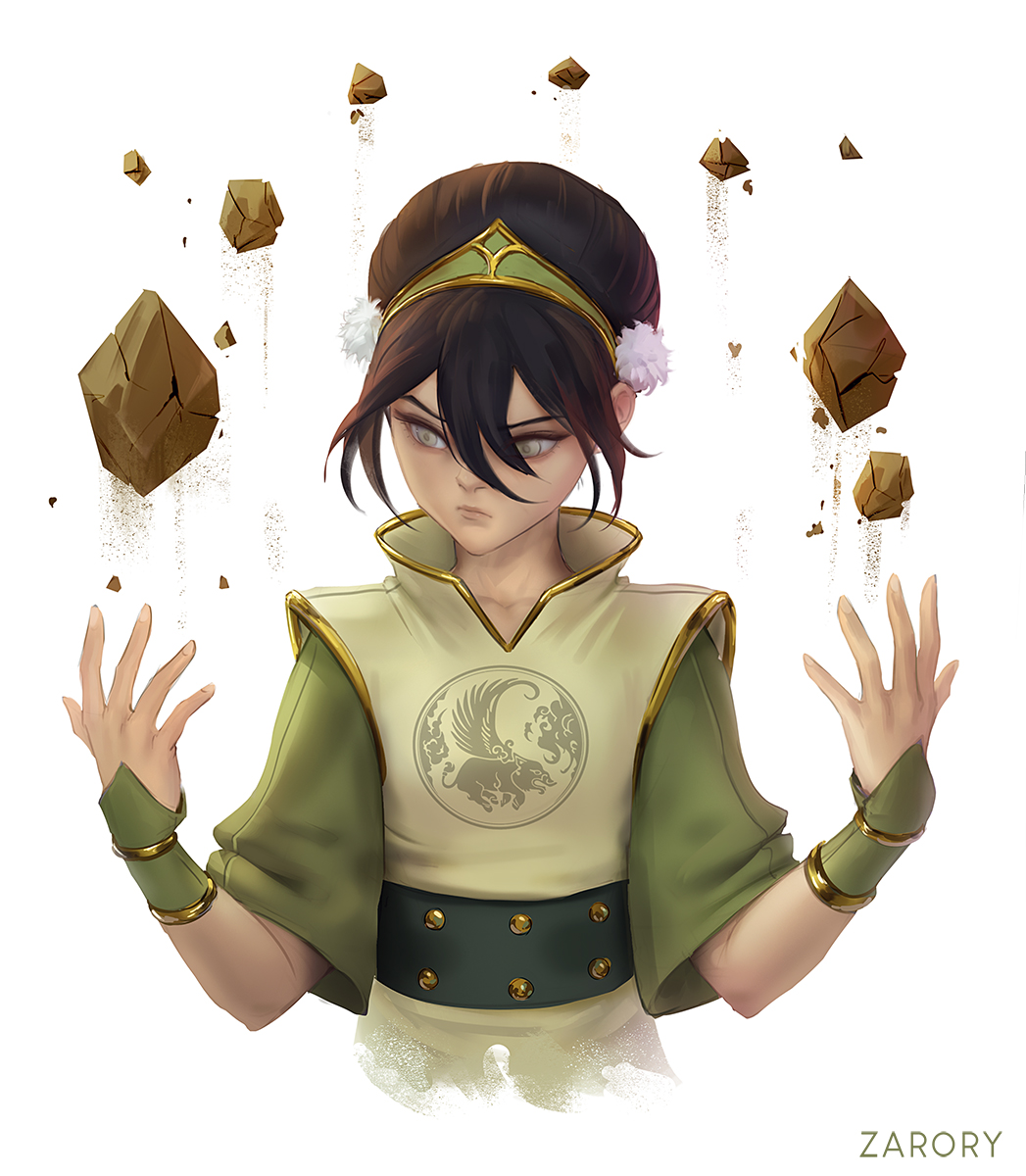 1girl artist_name avatar:_the_last_airbender avatar_legends blind brown_hair cowboy_shot cropped_torso expressionless floating_rock green_eyes hair_between_eyes hands_up highres looking_to_the_side short_hair short_sleeves solo toph_beifong wide_sleeves zarory
