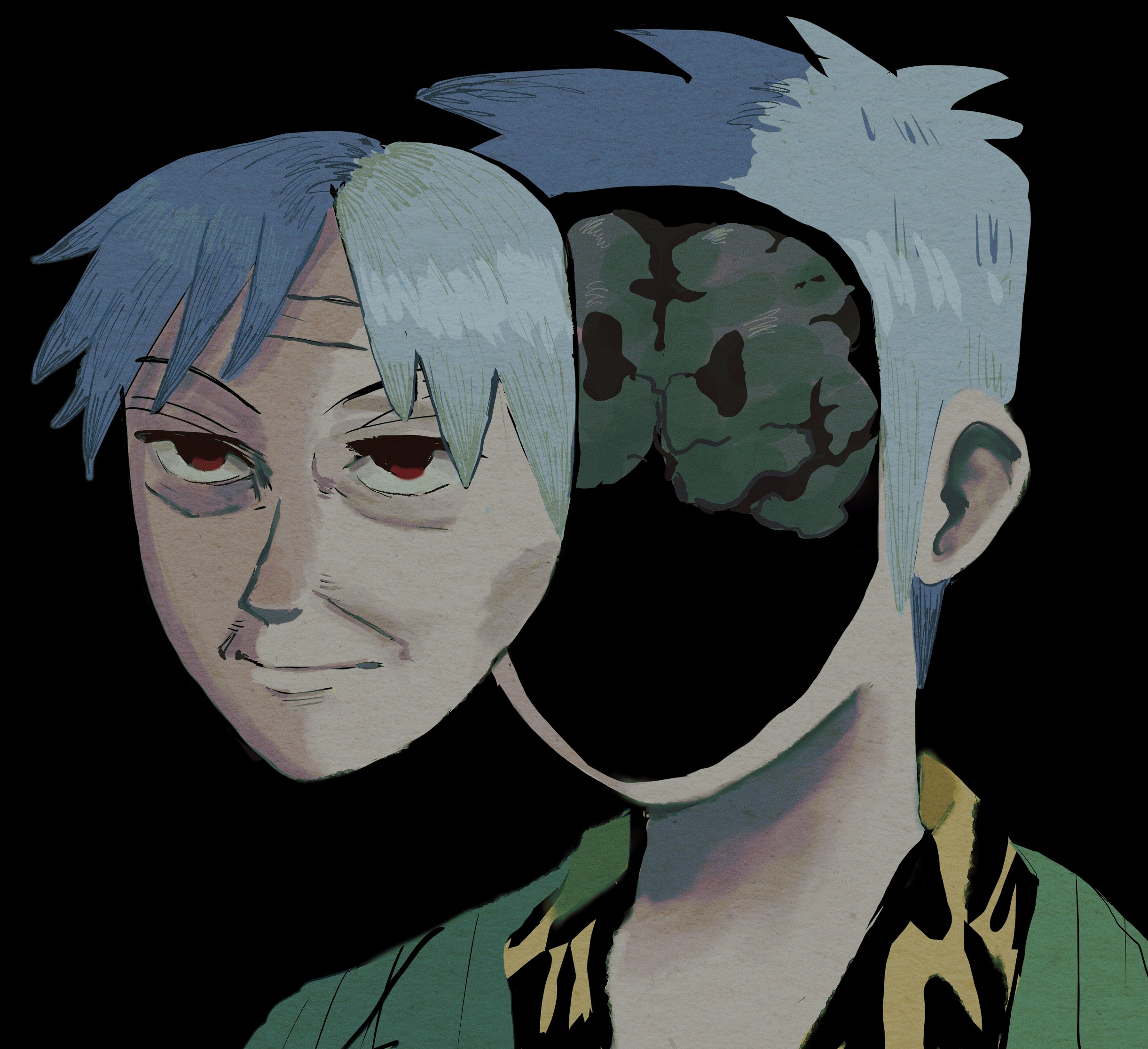 1boy akagi_shigeru animal_print black_background brain closed_mouth commentary detached_face fukumoto_mahjong green_jacket grey_hair highres jacket looking_at_viewer male_focus old old_man portrait print_shirt red_eyes shirt short_hair simple_background smile solo surreal ten_(manga) tiger_print tzk6996 wrinkled_skin