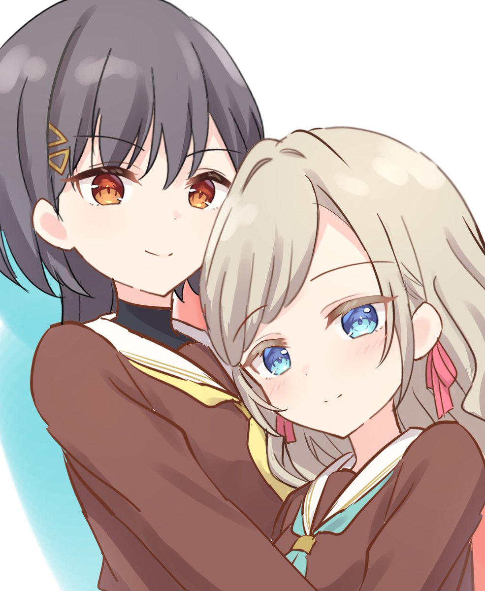 2girls aqua_neckerchief blue_eyes blush brown_dress ceras_yanagida_lilienfeld closed_mouth colored_shadow commentary_request dress edel_note grey_hair hair_ornament hair_ribbon hanazora_satsuki hasu_no_sora_school_uniform highres katsuragi_izumi link!_like!_love_live! long_hair long_sleeves looking_at_viewer love_live! multiple_girls neckerchief orange_eyes pink_ribbon ribbon sailor_collar sailor_dress school_uniform shadow slit_pupils smile split_mouth swept_bangs triangle_hair_ornament upper_body virtual_youtuber white_background white_sailor_collar winter_uniform wolf_cut yellow_neckerchief