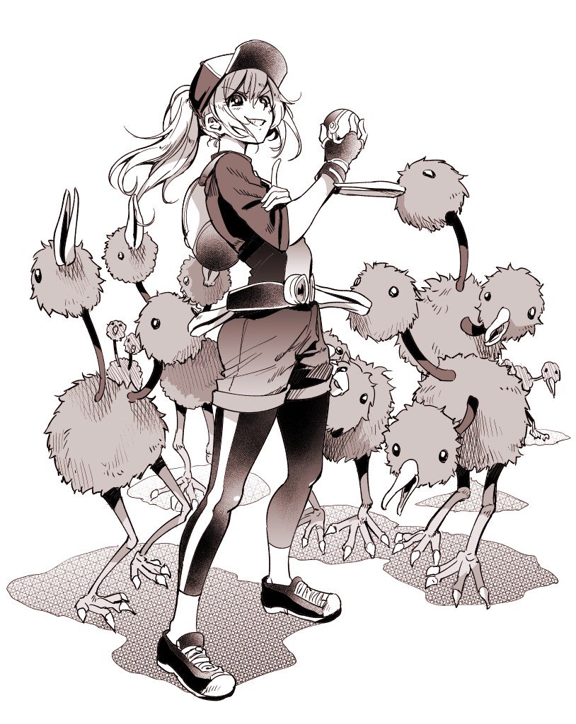10s 1girl backpack bag baseball_cap beak belt bonkara_(sokuseki_maou) commentary_request dodrio doduo female_protagonist_(pokemon_go) fingerless_gloves gen_1_pokemon gloves grin hat index_finger_raised jacket long_hair looking_at_viewer monochrome nintendo pants pants_under_shorts poke_ball poke_ball_(basic) pokemon pokemon_(creature) pokemon_go ponytail shoes shorts sidelocks smile sneakers yoga