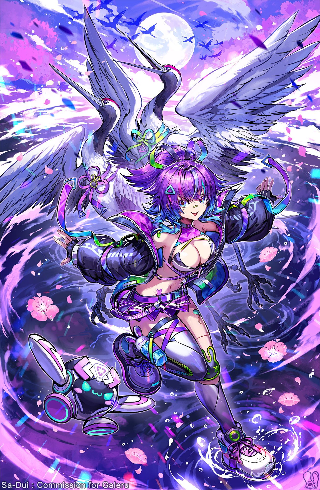 1girl bandaid bandaid_on_face beak bird black_bra black_gloves black_jacket blue_eyes blue_hair blue_jacket bra breasts cleavage commission feathers fingerless_gloves full_body gloves green_jacket high_ponytail highres jacket large_breasts long_hair melody_(projektmelody) miniskirt multicolored_hair multicolored_jacket ponytail purple_hair purple_skirt robot_girl sa-dui skirt solo_focus standing standing_on_liquid streaked_hair swan t0m_(projektmelody) talons underwear virtual_youtuber vshojo water_drop white_feathers