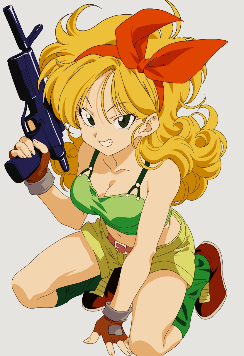 1girl black_eyes blonde_hair bow breasts brown_gloves brown_shoes cleavage collarbone dragon_ball dragon_ball_(classic) fingerless_gloves gloves green_shorts green_socks green_tank_top gun hair_bow highres holding holding_gun holding_weapon long_hair looking_at_viewer lunch_(bad)_(dragon_ball) lunch_(dragon_ball) nekokawa_isugi on_one_knee red_bow shoes shorts smile socks solo tank_top weapon
