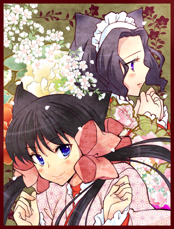 2girls animal_ears asa_no_ha_(pattern) black_hair blue_eyes blush border bow flower fox_ears hair_bow hair_ribbon japanese_clothes kimono long_hair maid_headdress multiple_girls otome_youkai_zakuro pink_bow purple_eyes ribbon short_hair smile susukihotaru tama_two_(fukuya) twintails zakuro zakuro_(otome_youkai_zakuro)