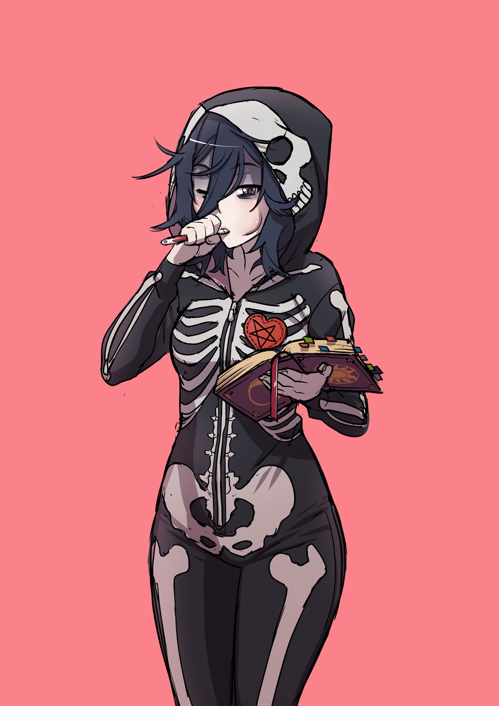 1girl black_hair heart highres hood hoodie kjech oka_ruto_(yandere_simulator) one_eye_closed onesie pajamas pen purple_eyes skeleton_costume skull_print toothbrush toothbrush_in_mouth yandere_simulator zipline
