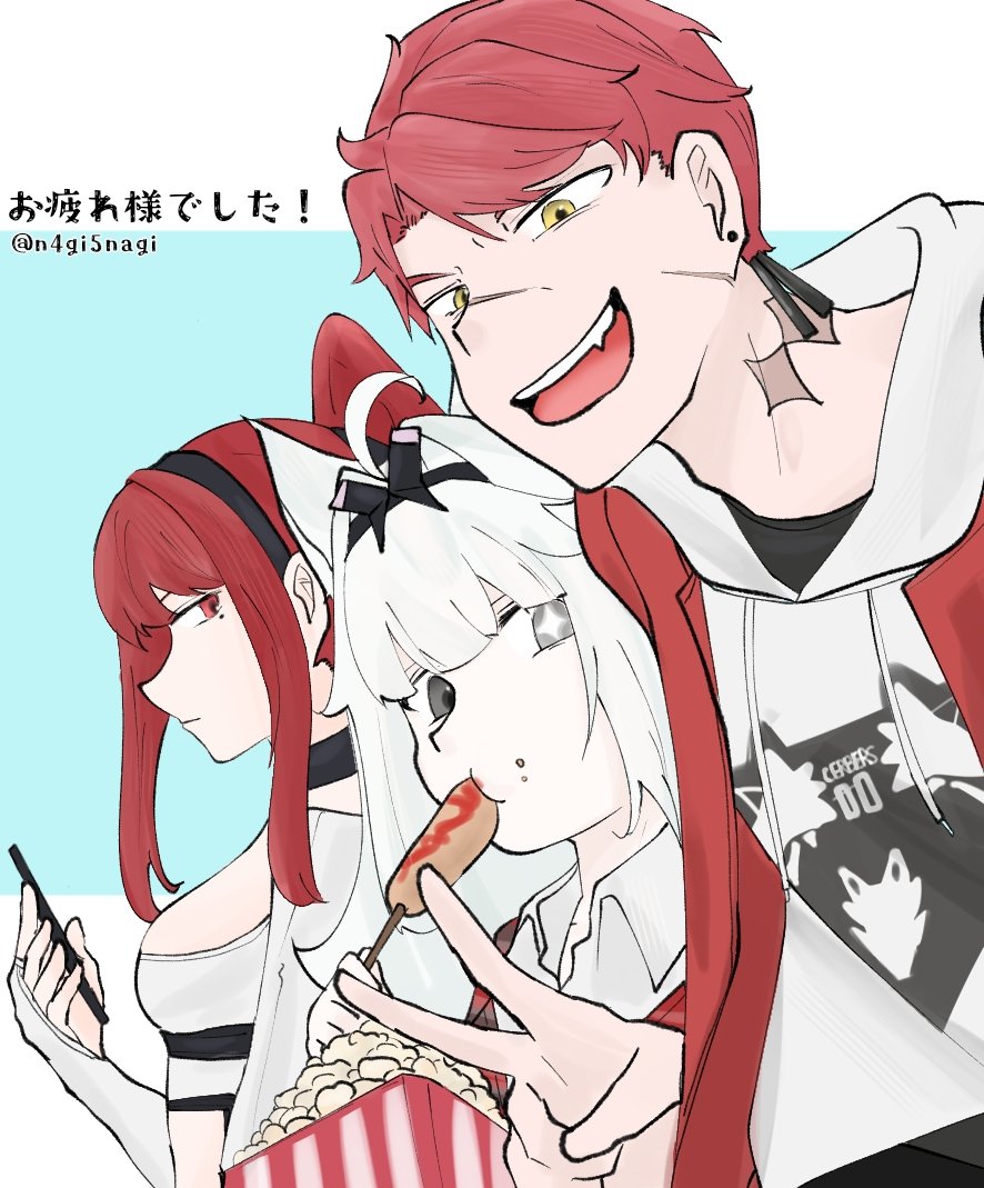 ahoge animal_ears black_choker black_shirt choker collared_shirt commentary_request cross-shaped_pupils facial_scar fang food food_in_mouth food_on_face food_request grey_hair hair_intakes heterochromia hood hoodie jacket long_hair mismatched_pupils n4gi5nagi no._21:_feral_scent_(pgr) no._21_(pgr) noctis_(pgr) open_mouth pale_skin ponytail popcorn punishing:_gray_raven red_eyes red_hair red_jacket scar scar_on_cheek scar_on_face scar_on_neck scar_on_nose shirt short_hair sidelocks symbol-shaped_pupils translation_request twitter_username vera:_garnet_(pgr) vera_(pgr) white_hoodie white_shirt wolf_ears yellow_eyes