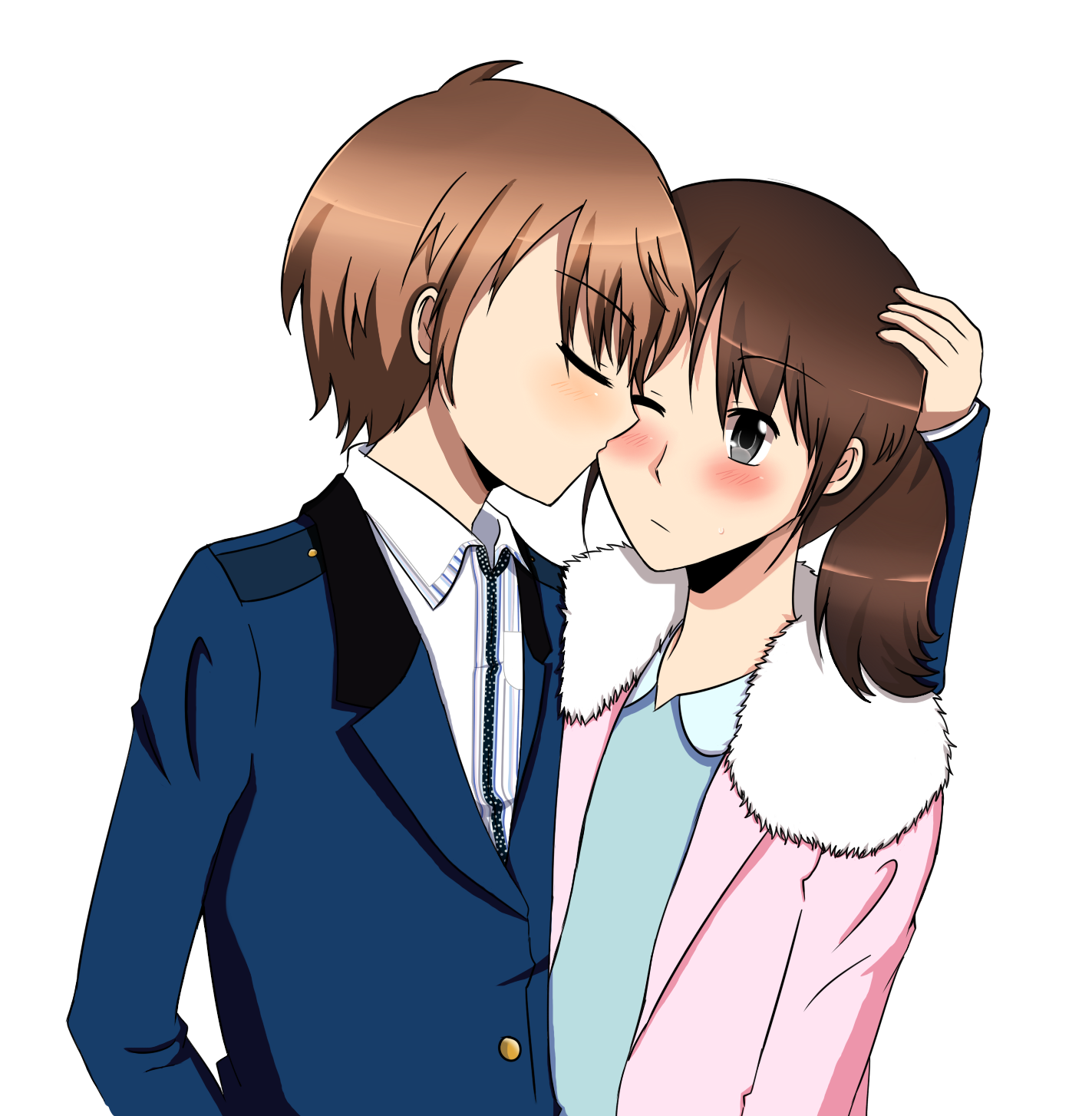 1boy 1girl blonde_hair brown_eyes highres katou_yakumo kissing_cheek liutian1029 momochi_kasumi shuriken_sentai_ninninger super_sentai
