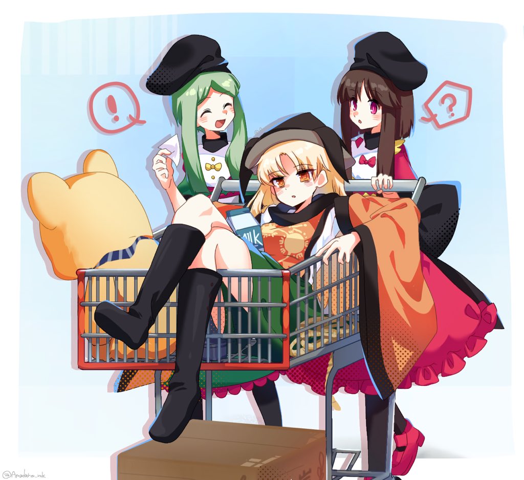 ! 3girls ? amadare_rak apron artist_name back_bow barcode black_boots black_bow black_hat black_socks blonde_hair blue_background boots border bow box breasts brown_hair closed_eyes commentary_request constellation_print crossed_legs detached_sleeves dress full_body green_dress green_hair green_skirt hand_up hat high_heels holding large_teddy_bear long_hair long_sleeves looking_at_another matara_okina medium_breasts milk_carton multiple_girls nishida_satono open_mouth orange_eyes orange_sleeves orange_tabard outside_border parted_bangs pink_bow pink_dress pink_shoes puffy_short_sleeves puffy_sleeves purple_eyes rope shadow shirt shoes shopping shopping_cart short_hair_with_long_locks short_sleeves simple_background sitting skirt smile socks speech_bubble spoken_exclamation_mark spoken_question_mark spoon tabard teireida_mai touhou walking white_apron white_border white_shirt wide_sleeves yellow_bow