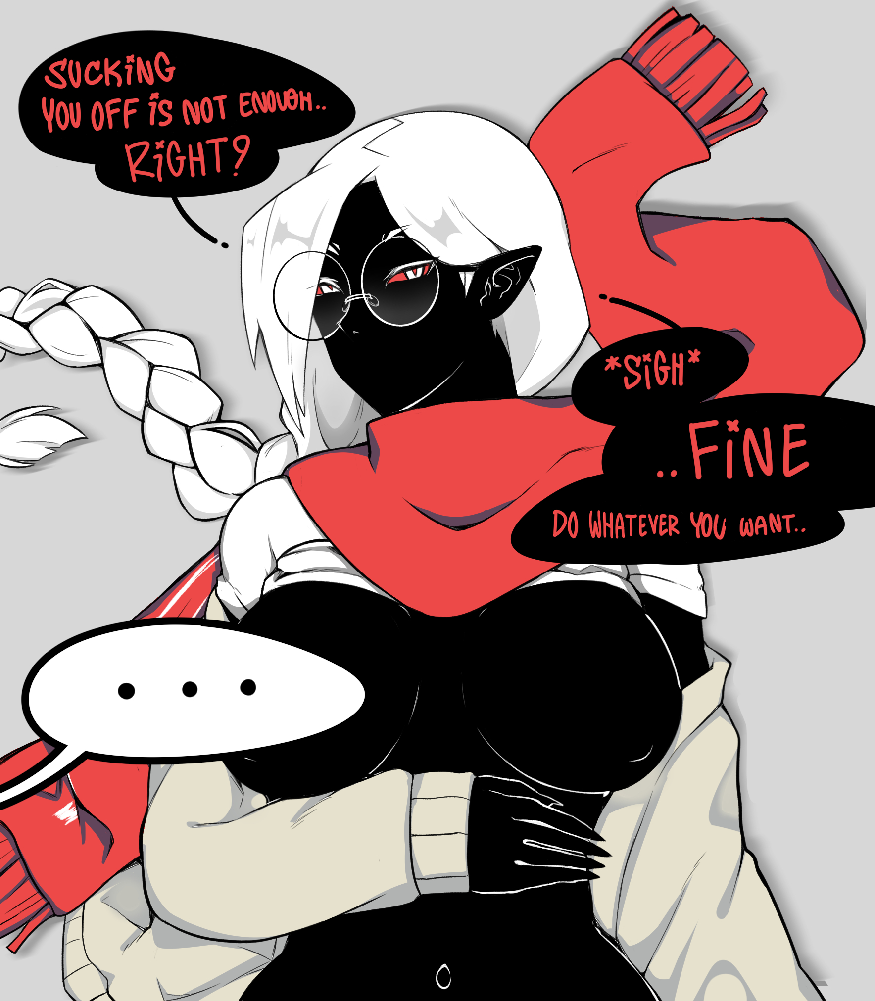 avil_the_shapeshifter black_skin breasts colored_sclera colored_skin glasses highres long_hair long_sleeves looking_at_viewer lying nipples on_back original pointy_ears ponytail red_sclera scarf shirt shirt_rolled_up speech_bubble sweater xcrof