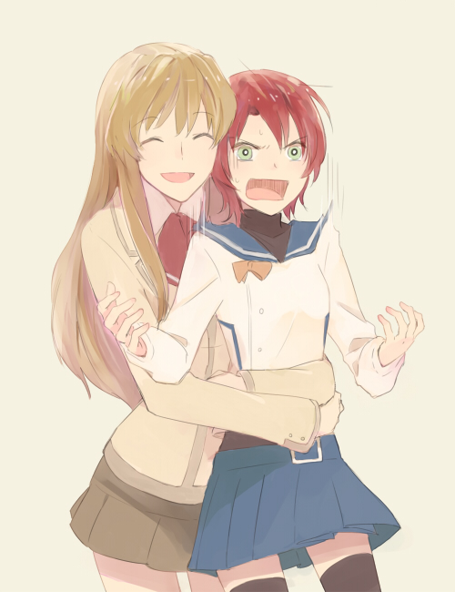 00s 2girls blue_skirt brown_skirt closed_eyes fujino_shizuru hug hug_from_behind miniskirt multiple_girls my-hime red_hair sailor_collar school_uniform short_hair simple_background skirt smile sou_(tuhut) surprised thighhighs yuuki_nao zettai_ryouiki