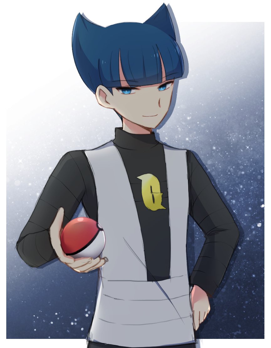 1boy black_shirt blue_eyes blue_hair blunt_bangs border closed_mouth commentary_request creatures_(company) game_freak grey_vest hand_on_own_hip holding holding_poke_ball logo long_sleeves looking_at_viewer male_focus nintendo ohn_pkmn poke_ball poke_ball_(basic) pokemon pokemon_dppt saturn_(pokemon) shirt short_hair smile solo team_galactic two_side_up vest white_border