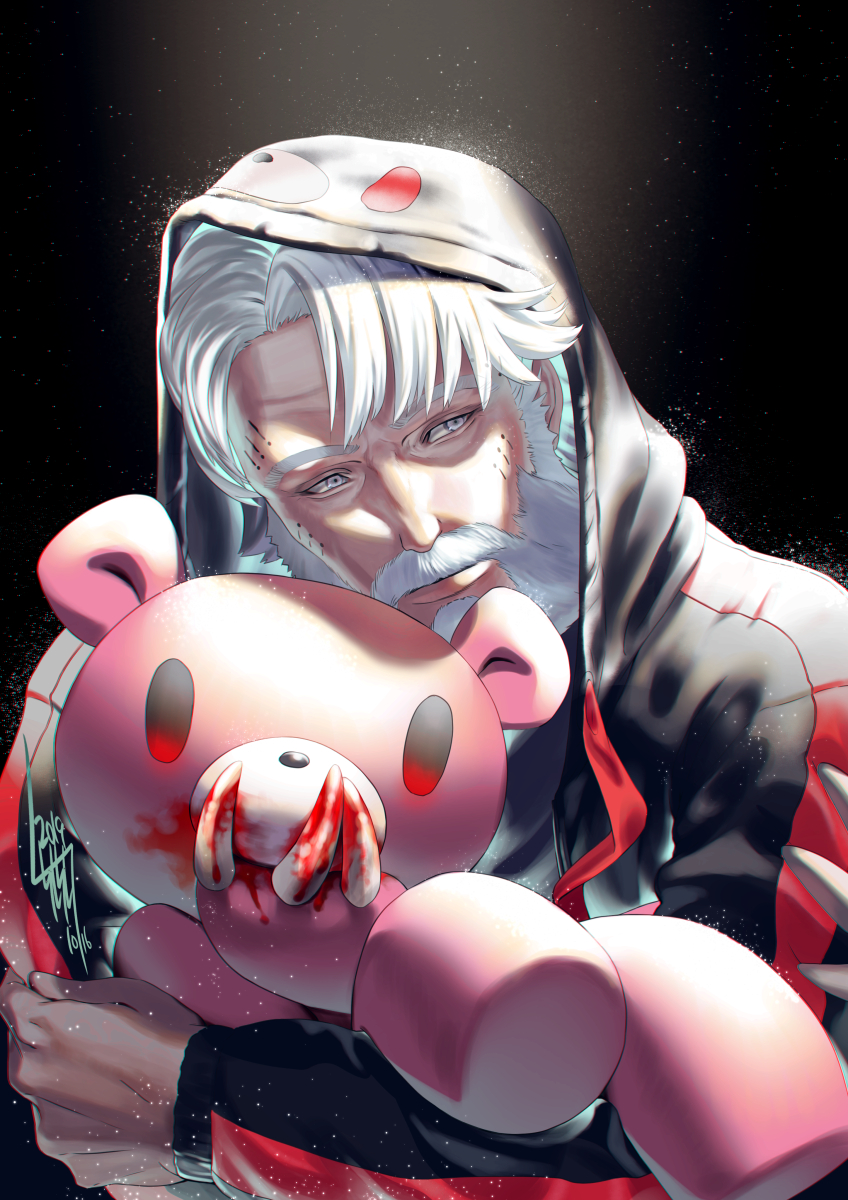 1boy animal animal_ears animal_nose artist_name asymmetrical_bangs bear bear_ears beard black_background blood blood_on_face body_fur character_request chromatic_aberration closed_mouth commentary_request daemon_x_machina dated drawstring facial_hair gloomy_bear glowing glowing_eyes highres holding holding_animal hood looking_at_viewer looking_away looking_to_the_side male_focus manly mustache old old_man pink_fur red_eyes signature smile tsunetaka_rakurai upper_body white_eyes white_hair