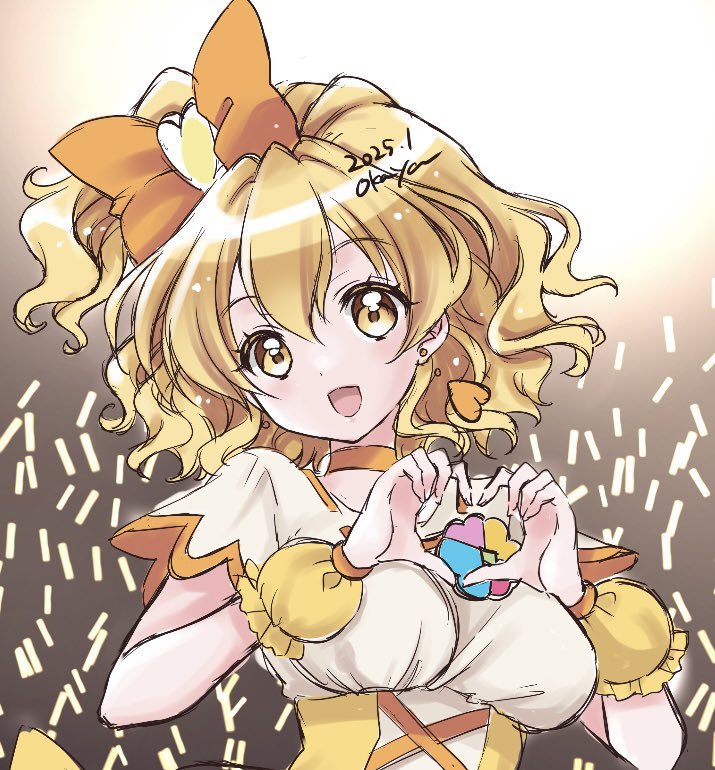 1girl four-finger_heart_hands blonde_hair breasts brooch choker cure_pine dated earrings fresh_precure! glowstick hair_ornament heart heart_brooch heart_hair_ornament heart_hands jewelry long_hair looking_at_viewer magical_girl medium_breasts okayashi open_mouth orange_choker precure precure_all_stars short_hair short_sleeves signature skirt smile solo stage_lights upper_body wrist_cuffs yamabuki_inori yellow_eyes