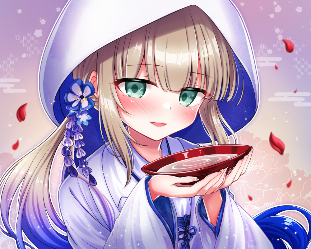 1boy alcohol blonde_hair blue_hair blush captain_nemo_(fate) chestnut_mouth cup falling_petals fate/grand_order fate_(series) flower gradient_hair green_eyes hair_flower hair_ornament holding holding_cup long_hair long_sleeves looking_at_viewer low_twintails male_focus multicolored_hair nemo_(fate) open_mouth petals sakazuki sake shell_ocean smile solo trap twintails wide_sleeves