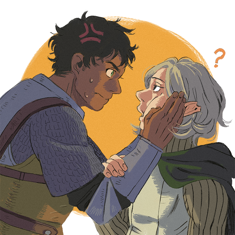 2boys ? amber389 anger_vein armor bags_under_eyes black_eyes black_hair blue_eyes chainmail curly_hair dark-skinned_male dark_skin dungeon_meshi elf gorget grey_hair hands_on_another&#039;s_face kabru leather_armor long_sleeves looking_at_another male_focus mithrun multiple_boys notched_ear orange_background pointy_ears profile shirt short_hair simple_background sweatdrop tunic upper_body white_background